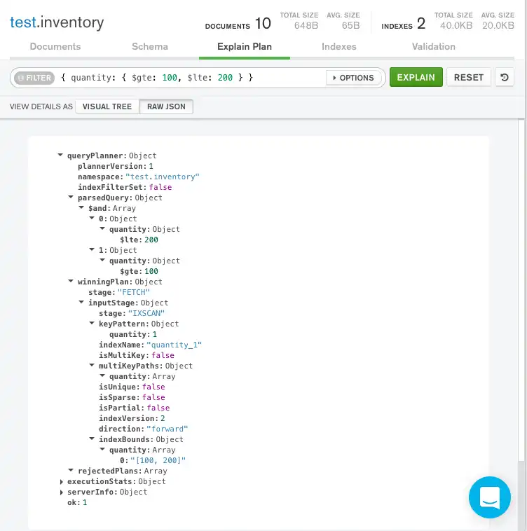 Compass query plan with index raw JSON