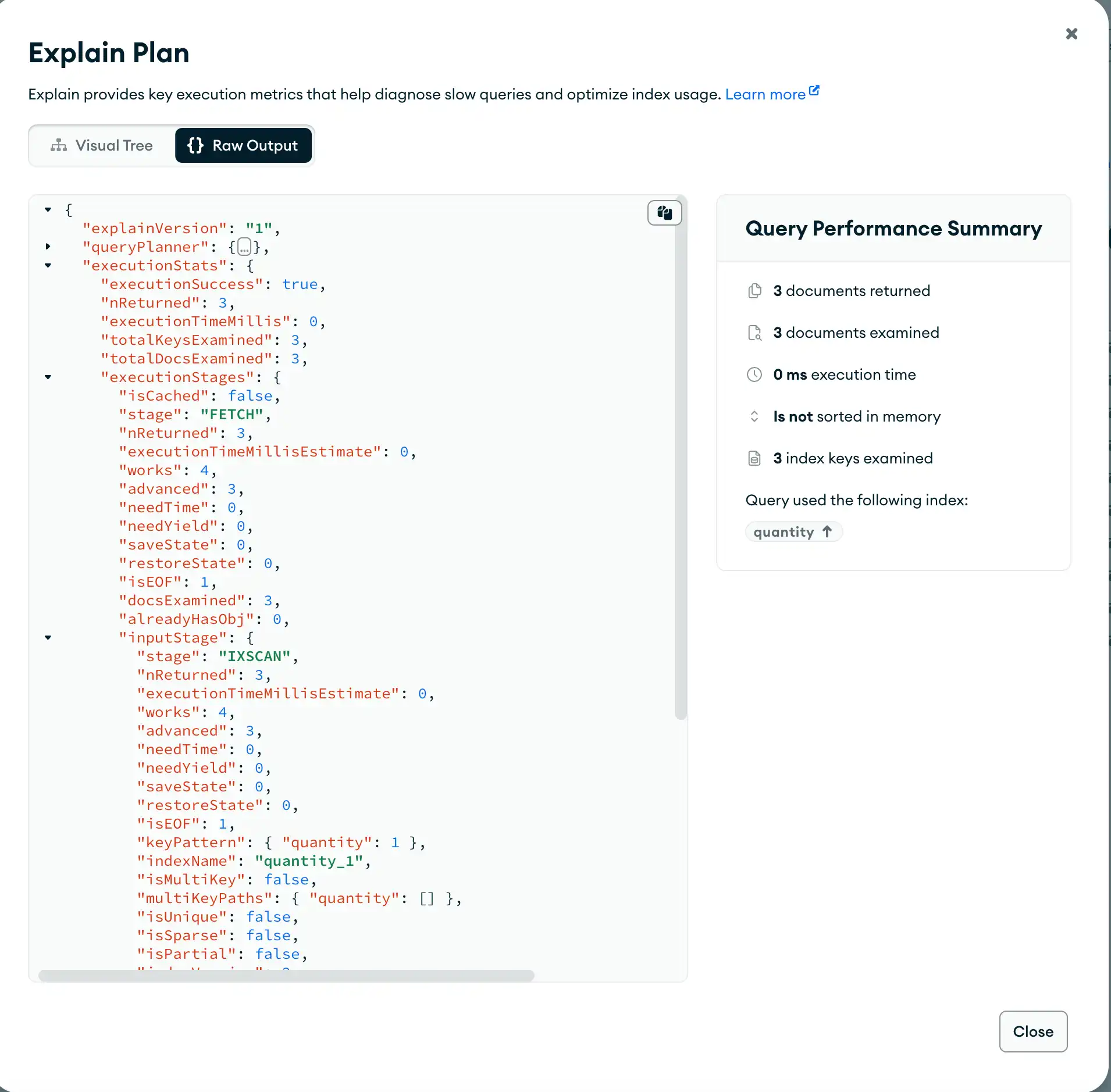 Compass query plan with index raw JSON