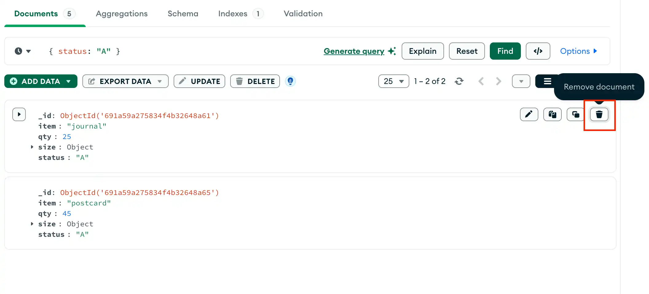 MongoDB Compass Delete One Document that matches a filter
