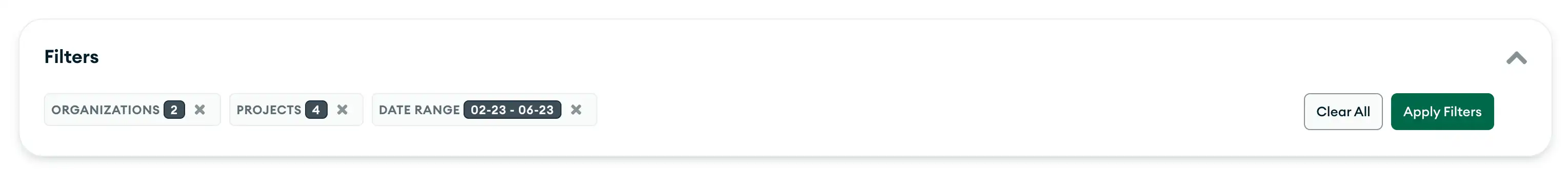 조직, 프로젝트, 시작 및 종료 날짜에 대한 옵션이 포함된 축소된 필터 상자입니다.
