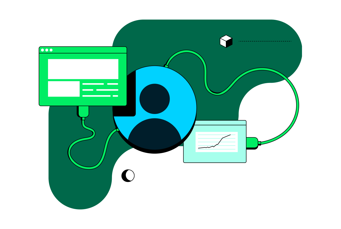 Spot image representing user connectivity. A computer is connected to a wifi device, with the silhouette of a user in the middle.