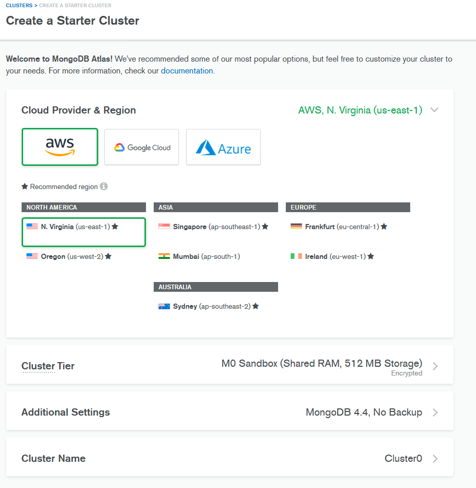 create a cluster in mongodb atlas for a node.js database