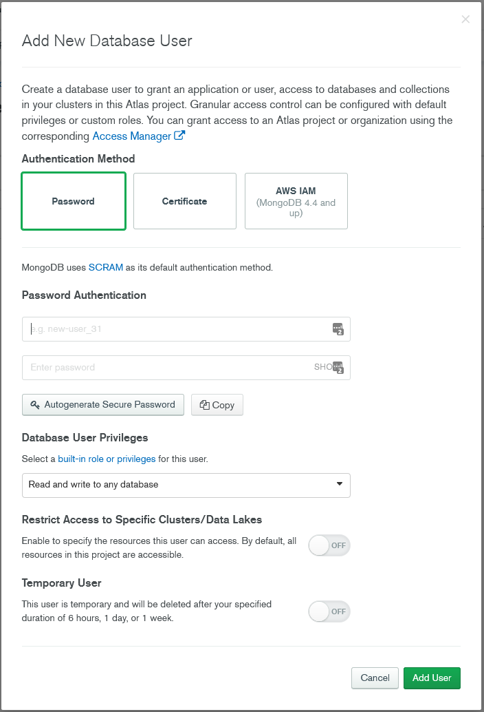 add a new database user in mongodb atlas