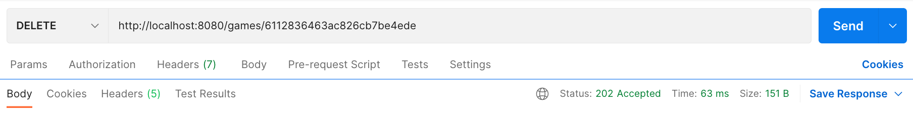 Screenshot of Postman showing a DELETE request to /games/id of document