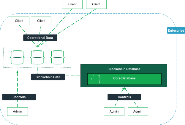 Clients, both internal and external can access data from a database, linked to the blockchain database. The administrators inside the enterprise control both databases.