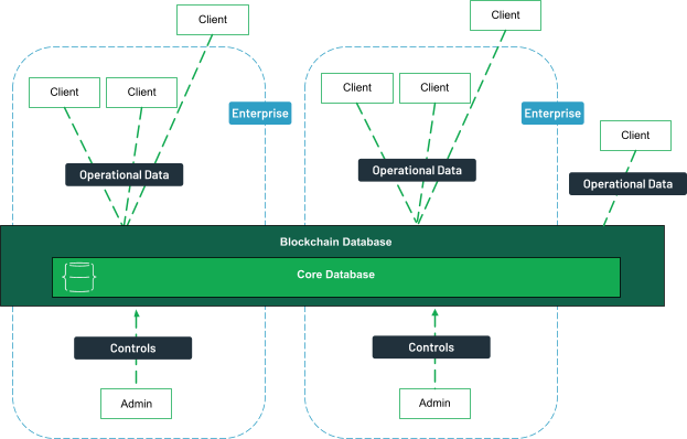 Clients, both internal and external can access the blockchain database for operational data. Administrators from different enterprises control the database.