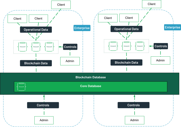 Clients, both internal and external can access data from a database, linked to the blockchain database. Administrators from different enterprises control the various databases.