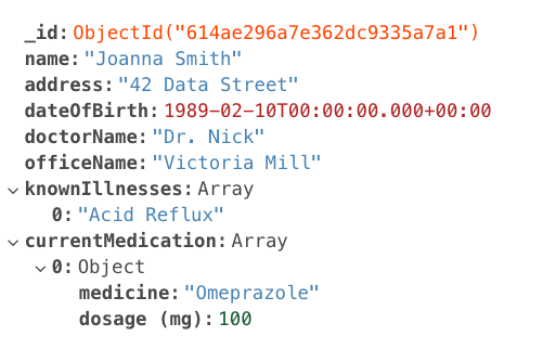 Example MongoDB document for a patient in healthcare