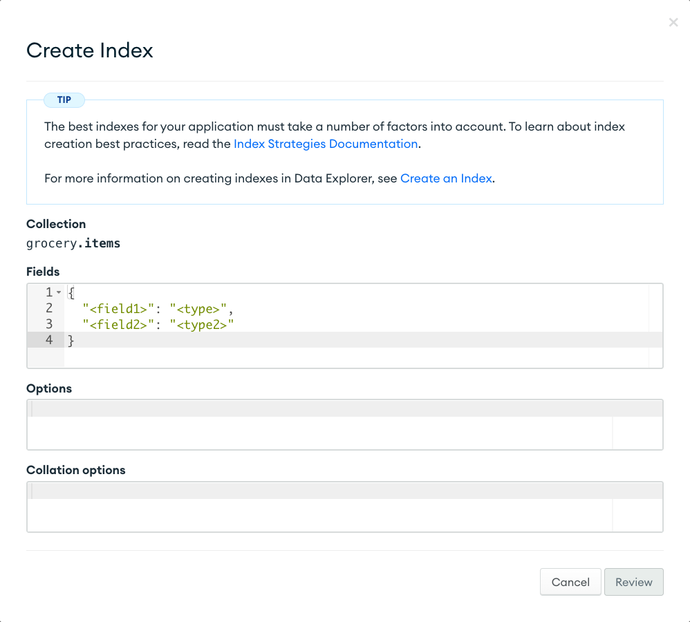 A screenshot of the Create Index modal in the Atlas UI