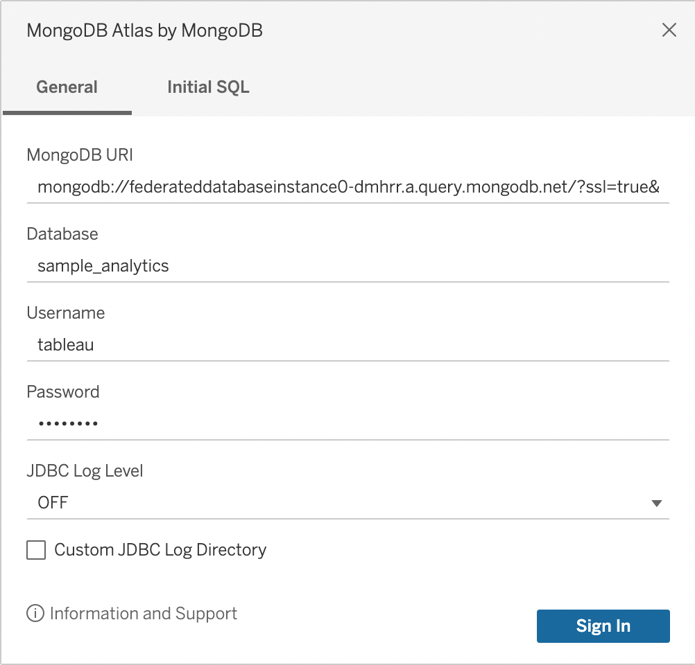 Tableau input page for entering necessary information to connect to database.