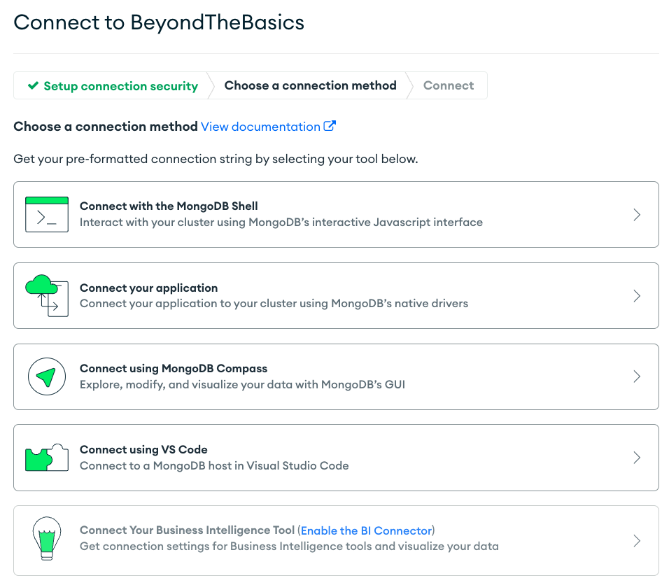 A screenshot of the Atlas web interface, listing various different ways of connecting to your MongoDB cluster.