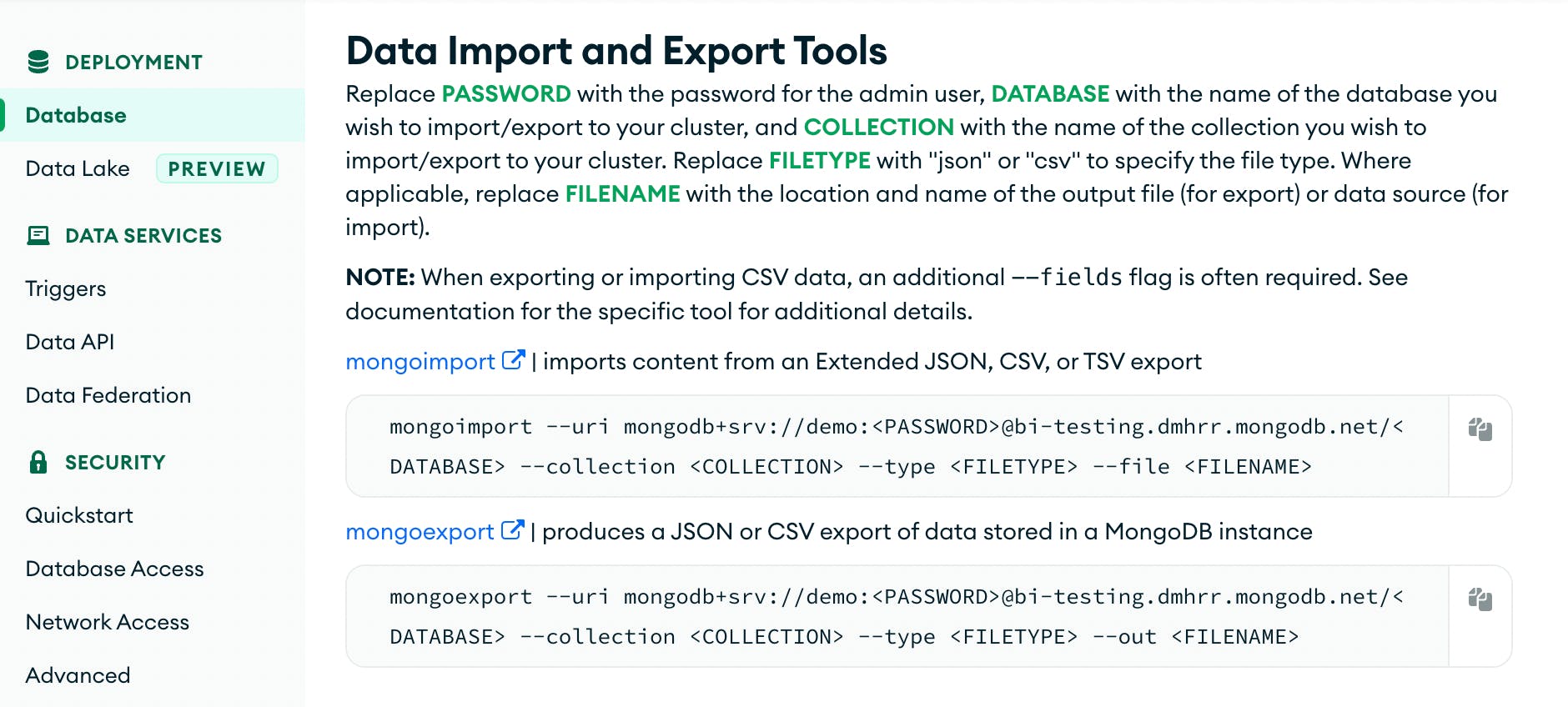 Template commands for mongoimport and mongoexport