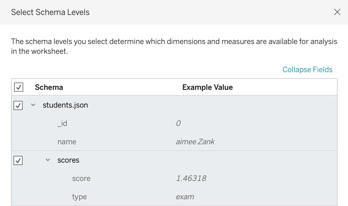 Tableau prompt for selecting schema levels moving forward after json import