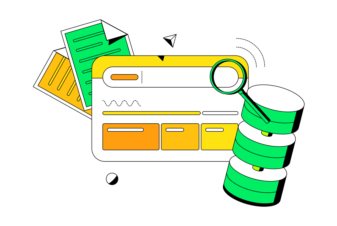 Two documents, one orange and one green, are behind a search window. A magnifying glass hovers over the search window.