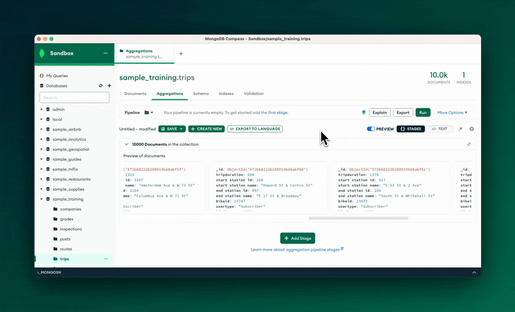 Gif displaying how to open the side panel and drag and drop the $group stage into the add stage section