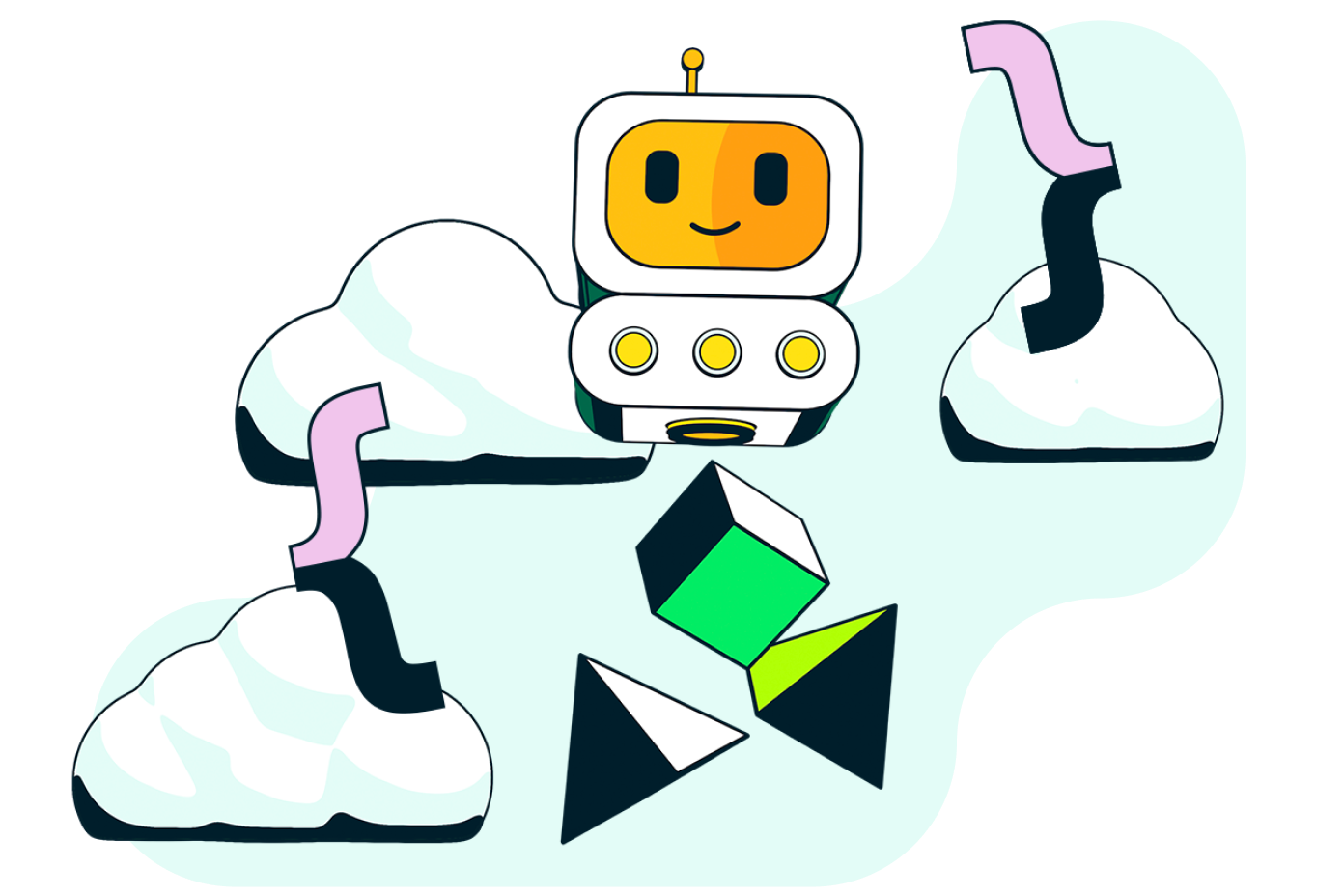 Illustration of a robot in the clouds.