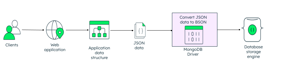 An image describing how MongoDB converts json data to bson data.