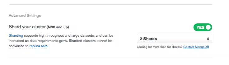 An image of how to turn on sharding in MongoDB Atlas.