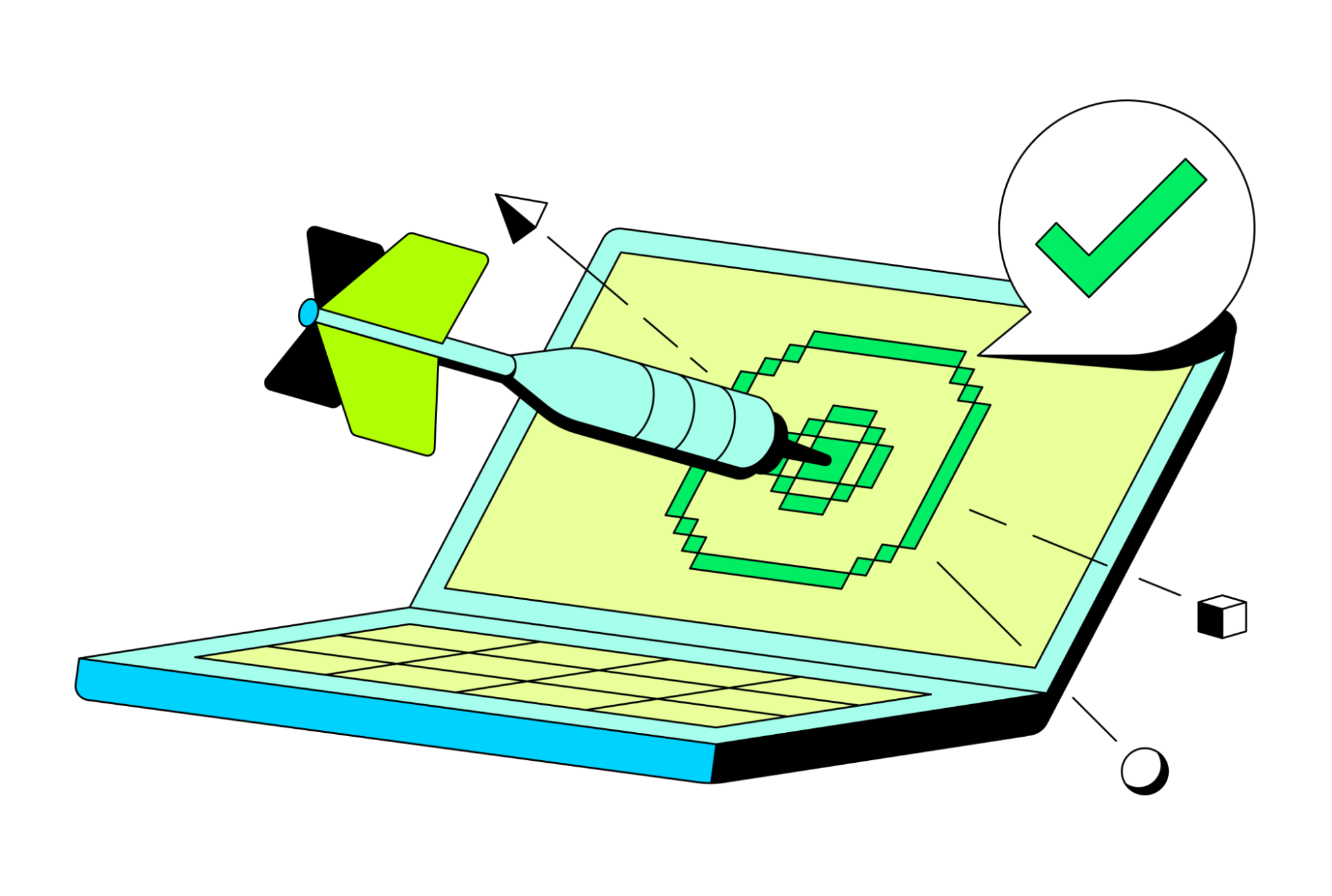 An image of a computer with a bullseye and other symbols.