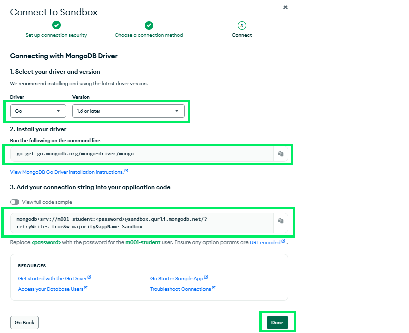 Connecting Go application and MongoDB Atlas (connection string)