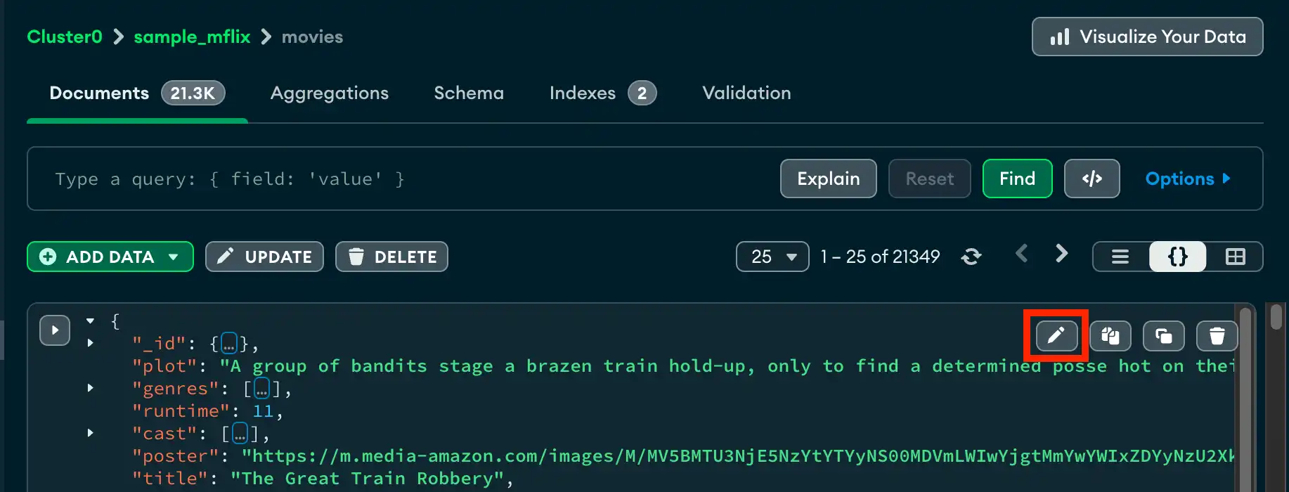 JSON 视图中的选择文档选项