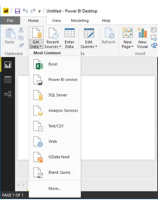 Power BI 数据源列表的屏幕截图