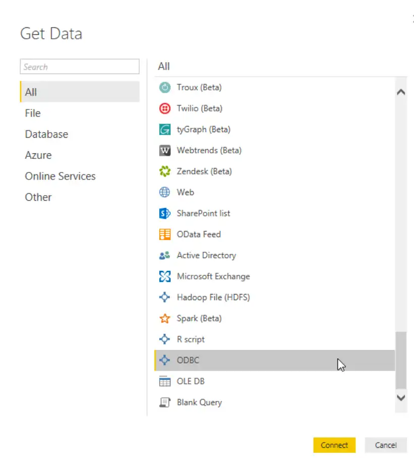 Power BI 数据源列表的屏幕截图