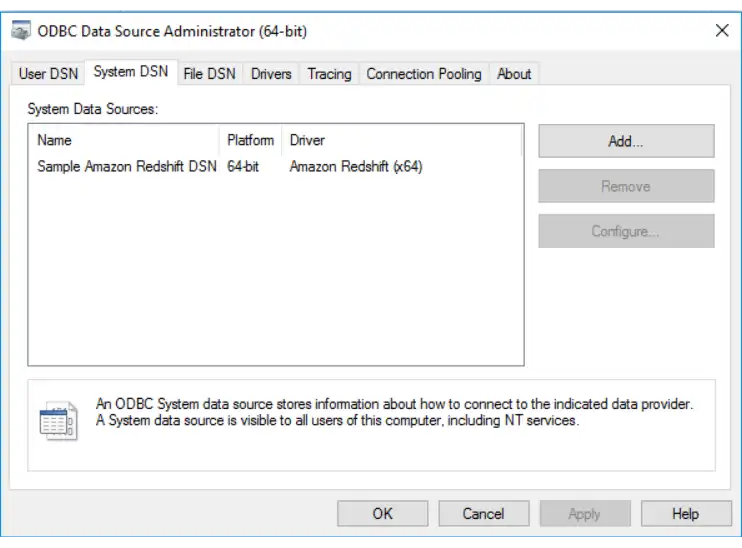 Windows ODBC 管理器应用程序的屏幕截图