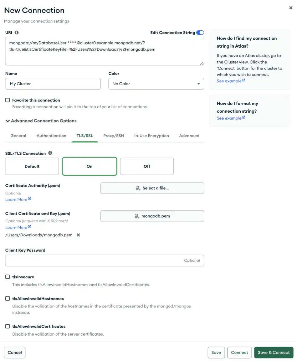 Compass 配置为使用 TLS/SSL 连接到示例集群的屏幕截图