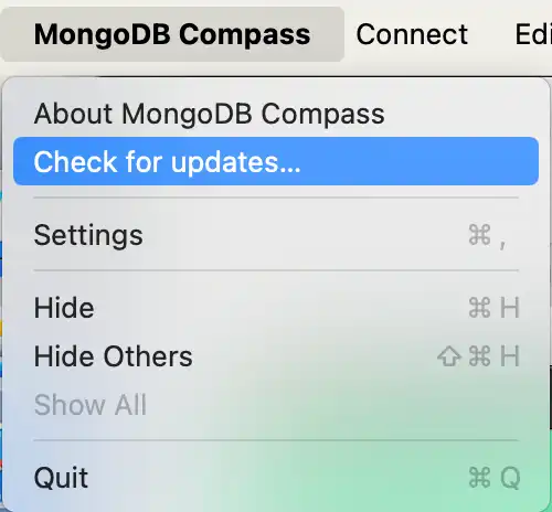 检查更新在 MongoDB Compass 系统菜单中的位置