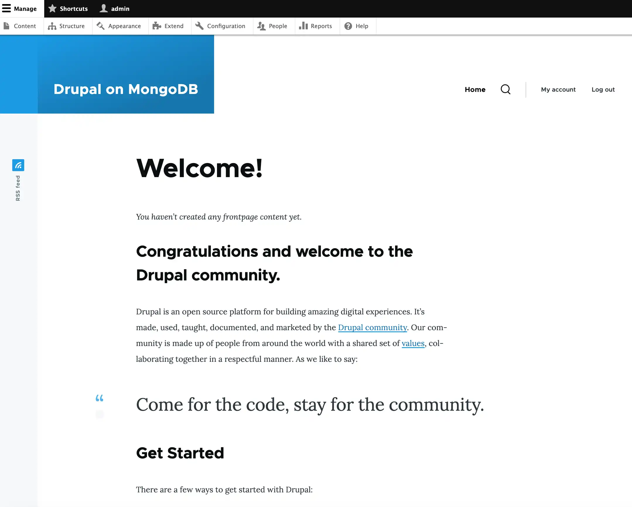 初始安装后 Drupal 主页的屏幕截图