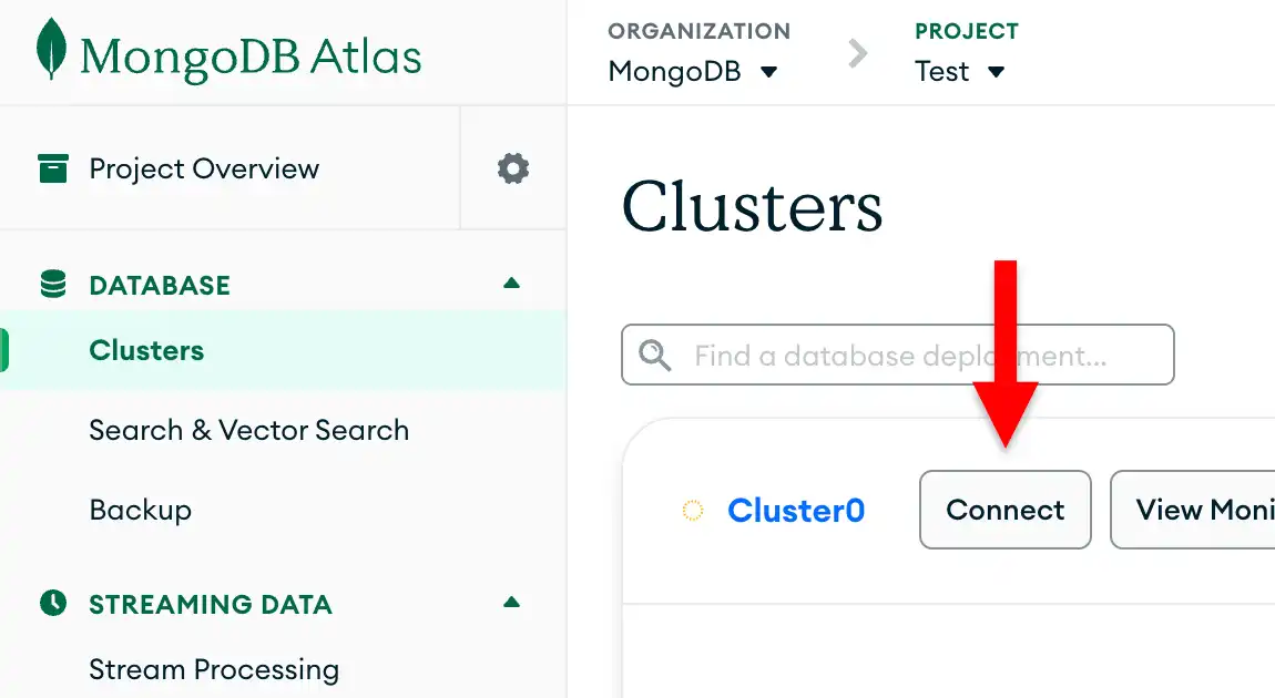 Atlas 用户界面的集群部分中的连接按钮