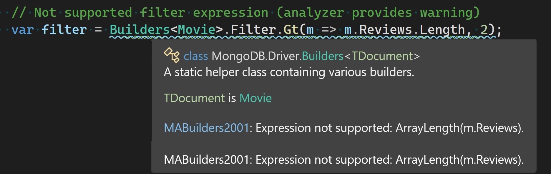 Visual Studio 中显示的关于不支持的生成器表达式的警告的屏幕截图。