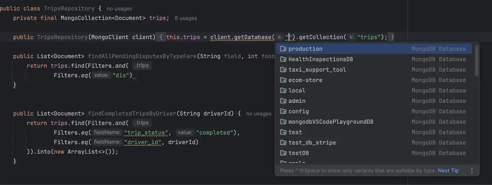 IntelliJ 插件中的自动填充数据库名称。