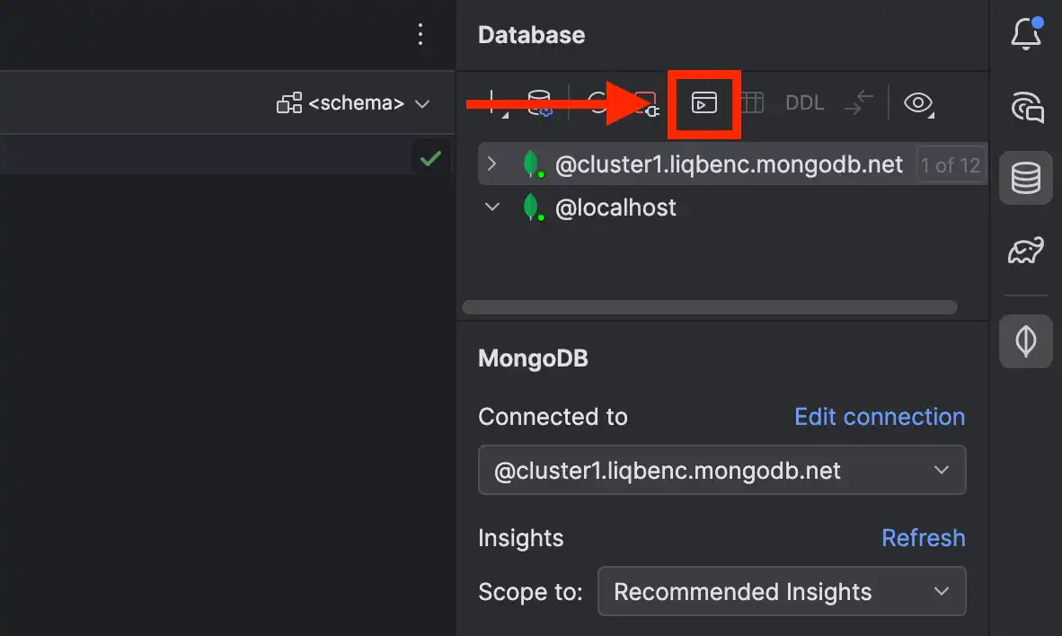要启动 Playgrounds，请单击 Database Explorer 中突出显示的按钮。