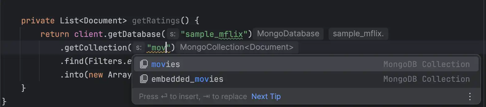 在 IntelliJ 插件中自动完成集合名称。