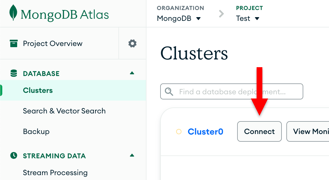Atlas 用户界面的集群部分中的连接按钮